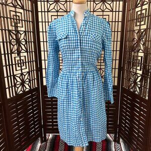 Hadleigh's Blue White Linen Gingham Long Sleeve Midi Dress Sz IT 48 US M/L